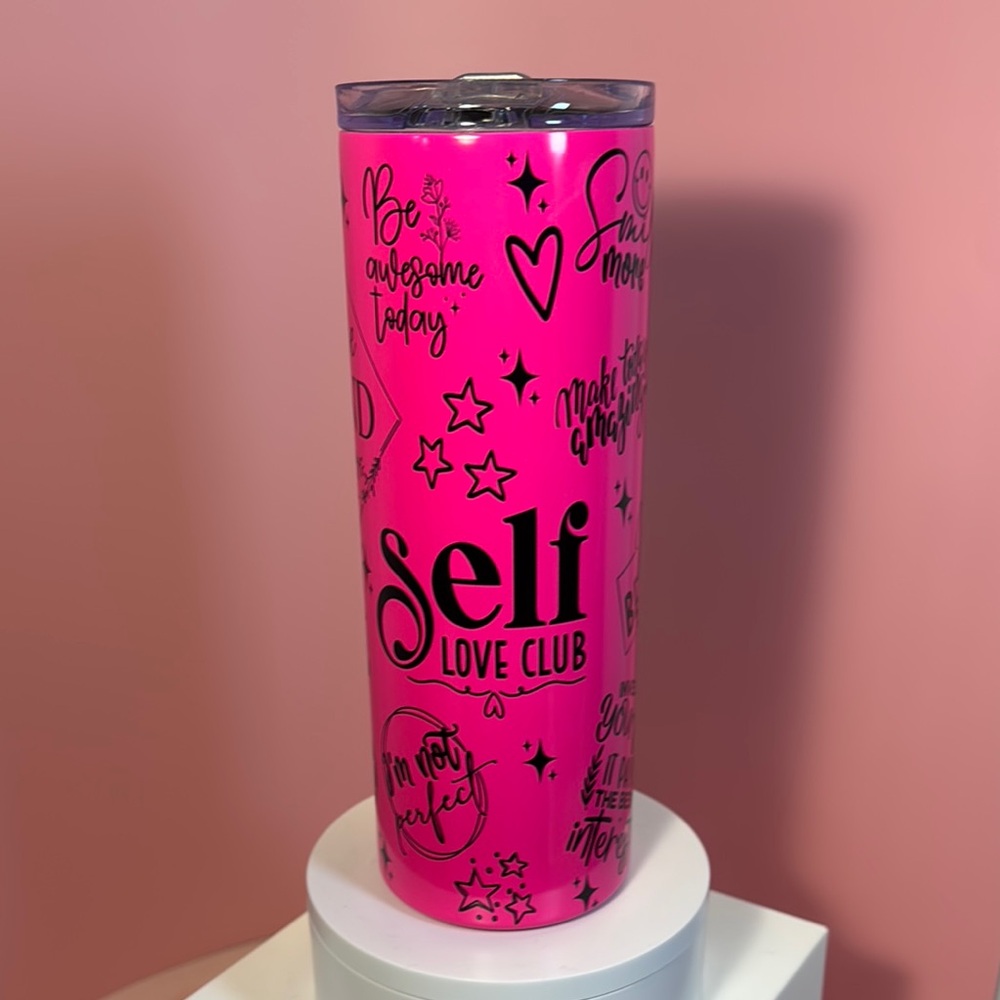 Self Love Club Pink 20 oz Skinny Tumbler with Lid & Straw - Positive Vibes NEW
